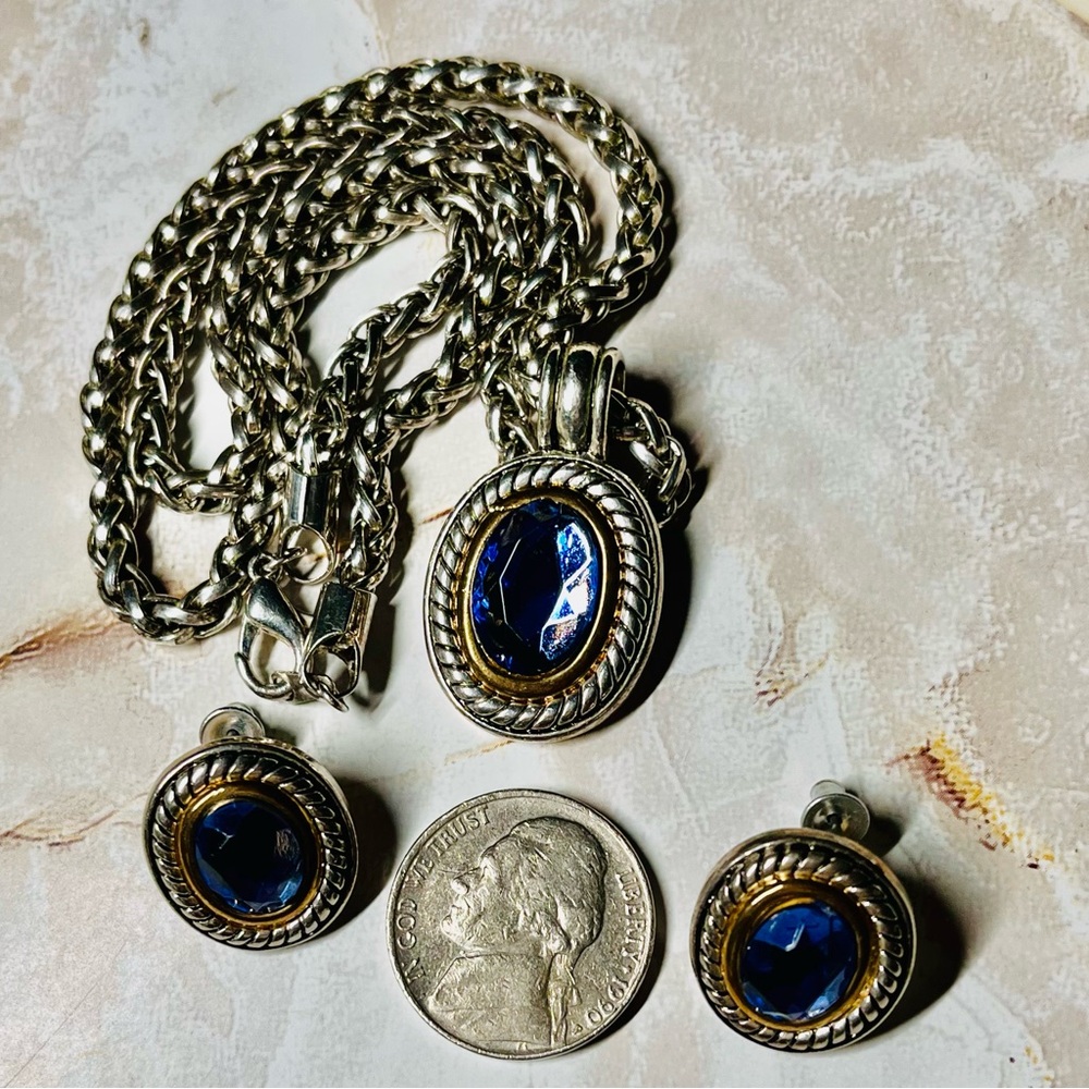 Viking Knit Chain & Oval Pendant Blue Faux Stone Matching Oval Pierced Earrings